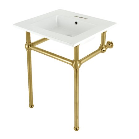 KINGSTON BRASS 25 Console Sink with Brass Legs 4Inch, 3 Hole, WhiteBrushed Brass KVBH25227W4B7